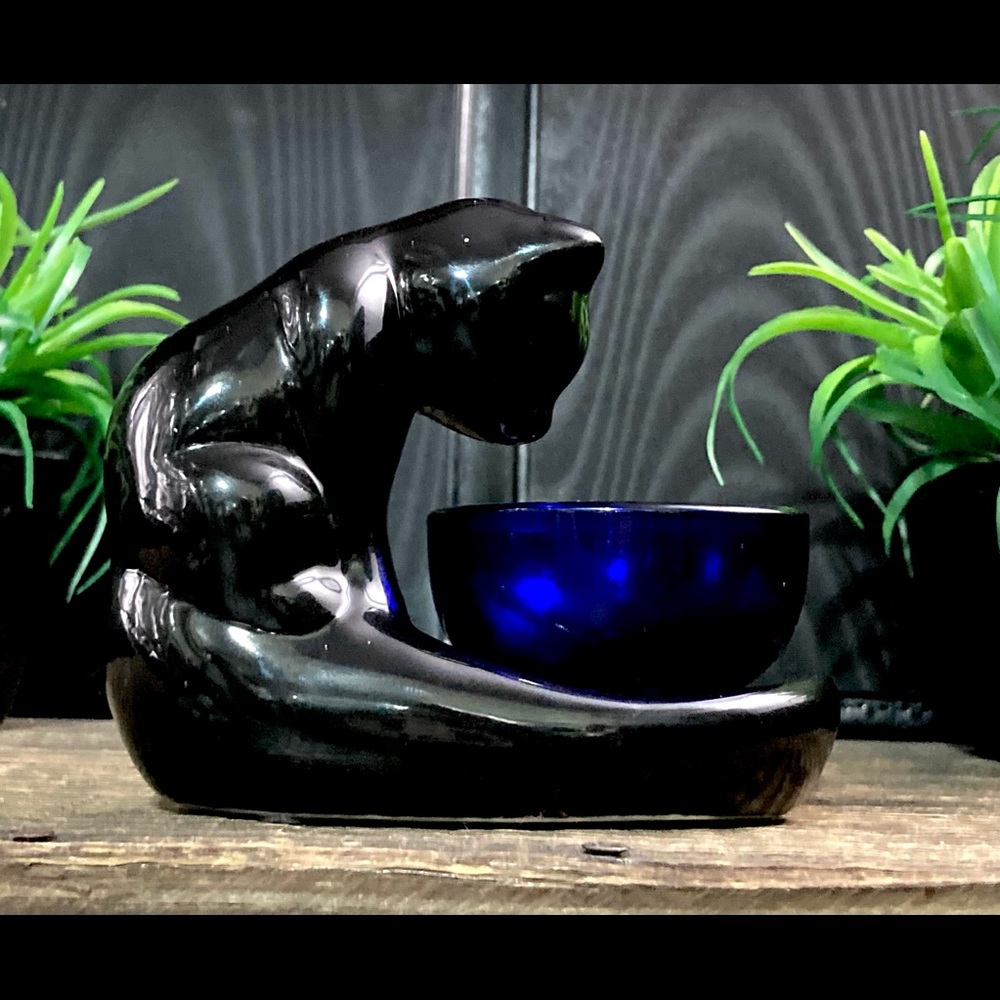 Vintage Haeger Style Black Cat | Gazing Bowl | Art Glass Cobalt Bowl - Picture 9 of 13
